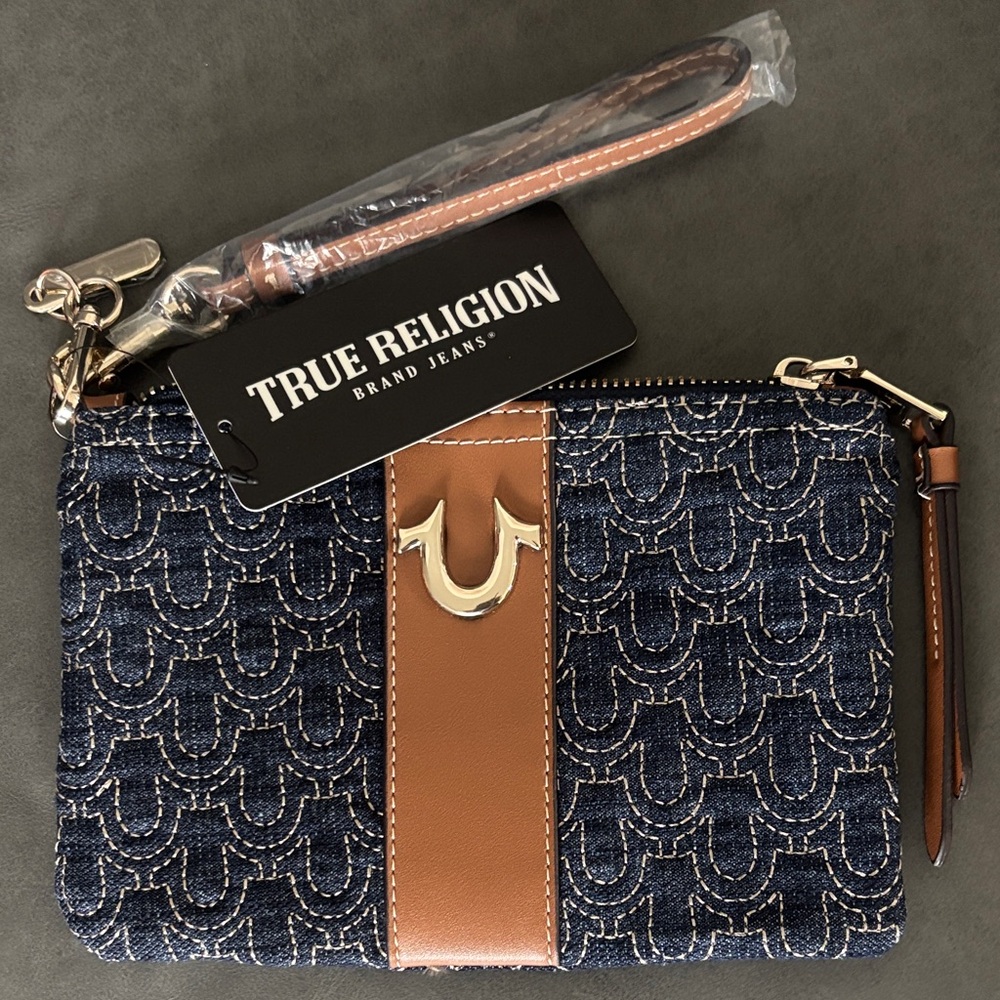 True Religion Blue Denim Wristlet with Tan Accents